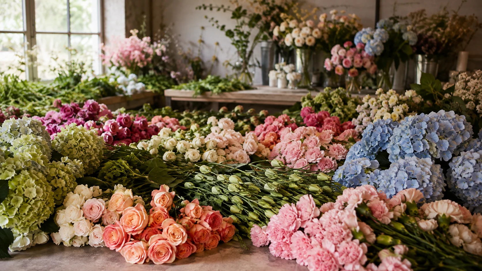 An abundant display of fresh-cut flowers in a daylight preparation studio