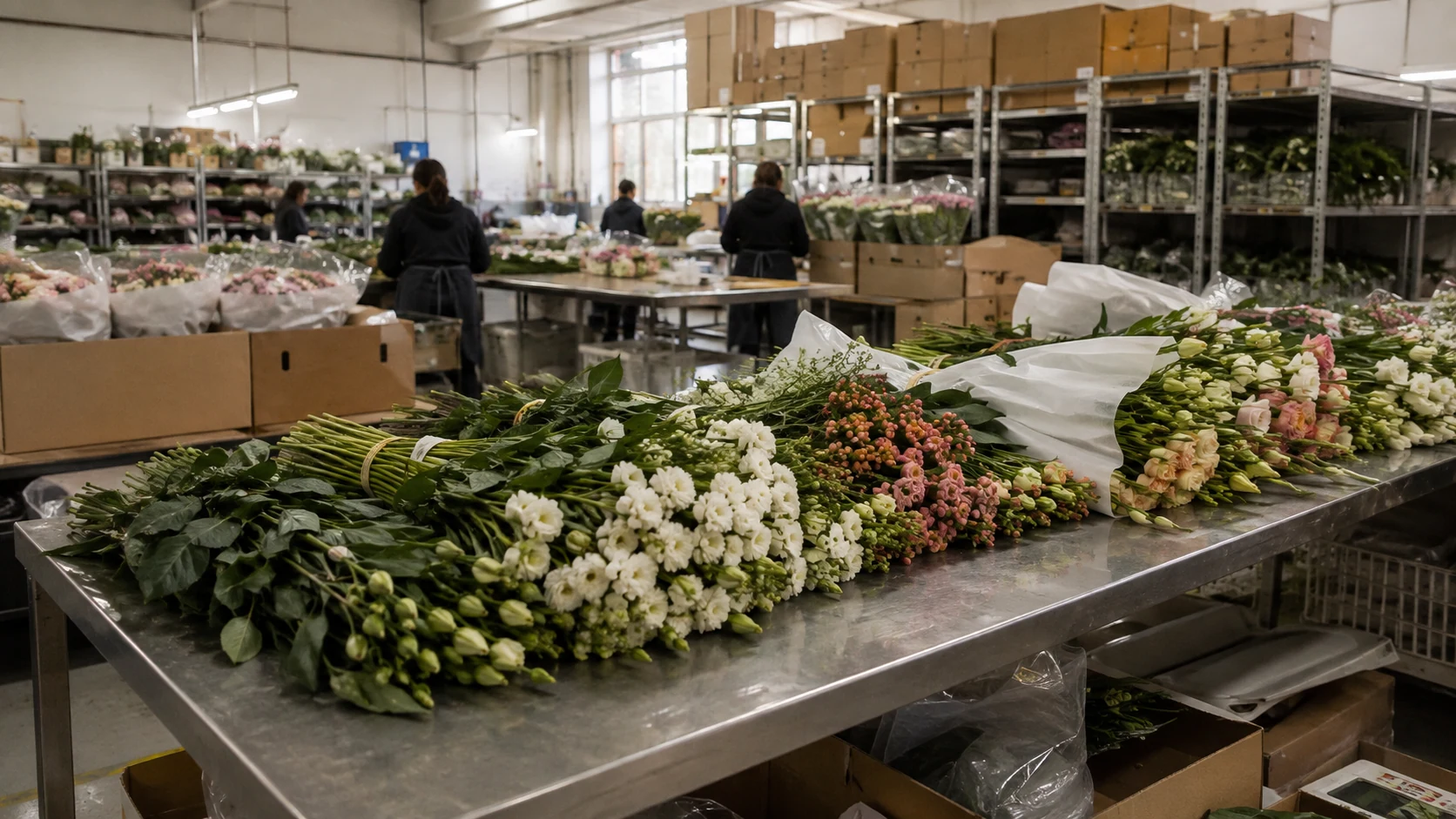 Fresh-cut flower bundles prepared on a processing worktable
