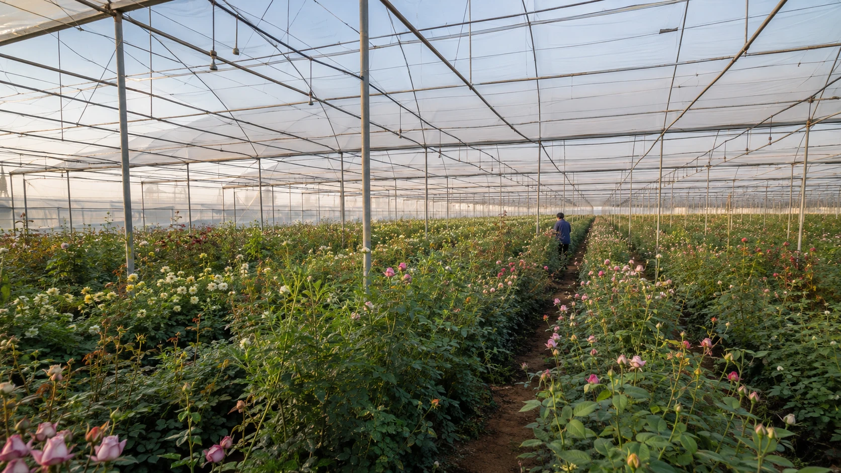Rows of roses growing inside a daylight greenhouse