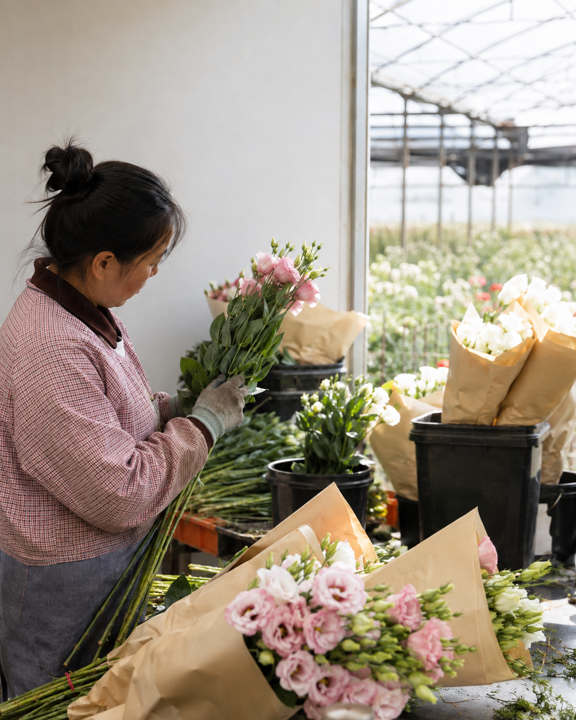 Illustrative scene of fresh-cut flowers being prepared for packing